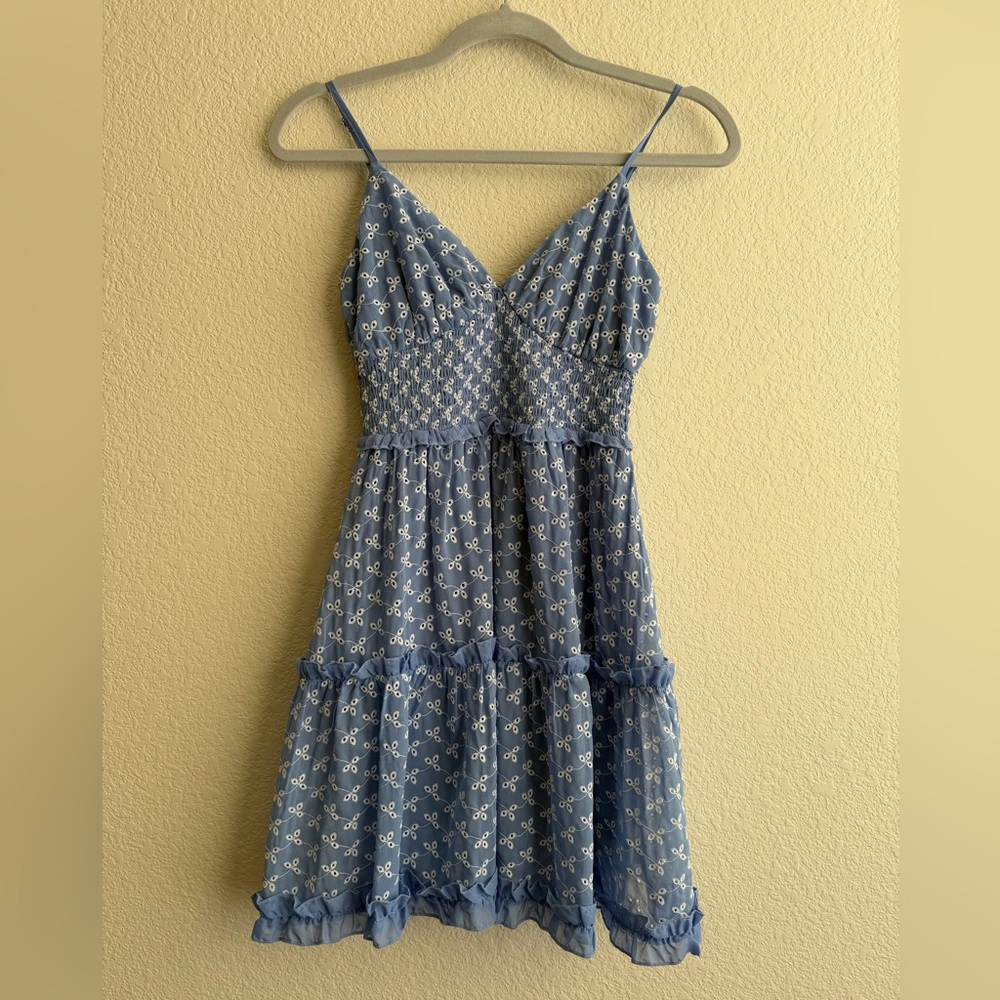 Altar'd State Blue Eyelet Tiered Mini Dress - XS